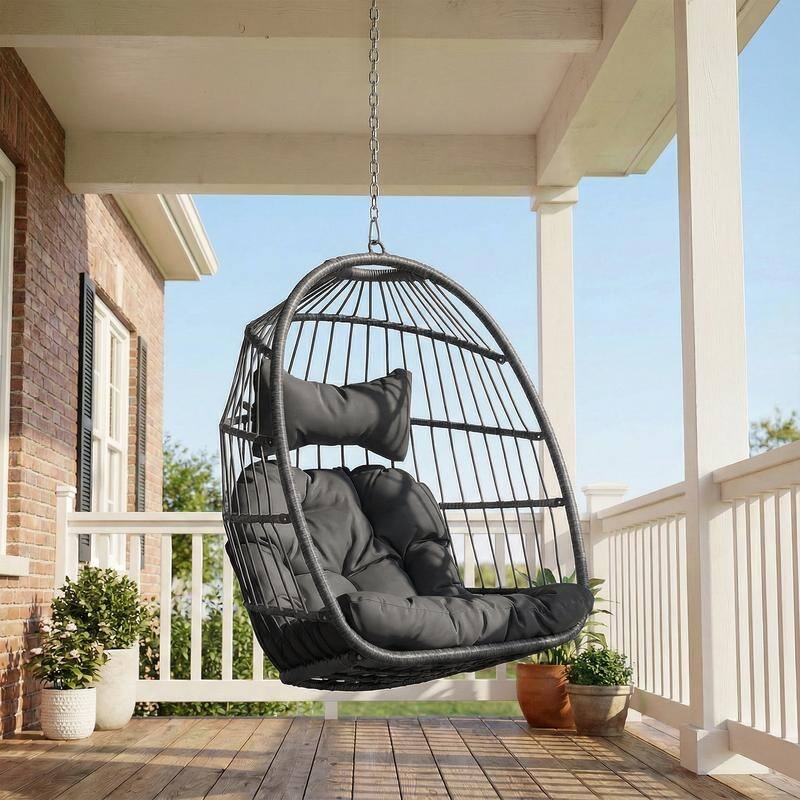 Outdoor Indoor Wicker Foldable Hanging Egg Chair Without Stand, Patio Swing Chair with Cushion, 350 lb Capacity - Dark Grey