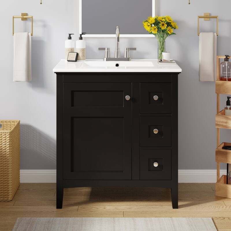 Modern Simple Bathroom Cabinet Freestanding Bathroom Vanity with Ceramic Sink, Tip-out Drawer, 2 Drawers and Side Door Organizer - Black