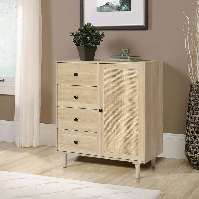 Storage Cabinet 1-Door 4-Drawer Wood Cabinet - Oak Finish Accent Cabinet Organizer