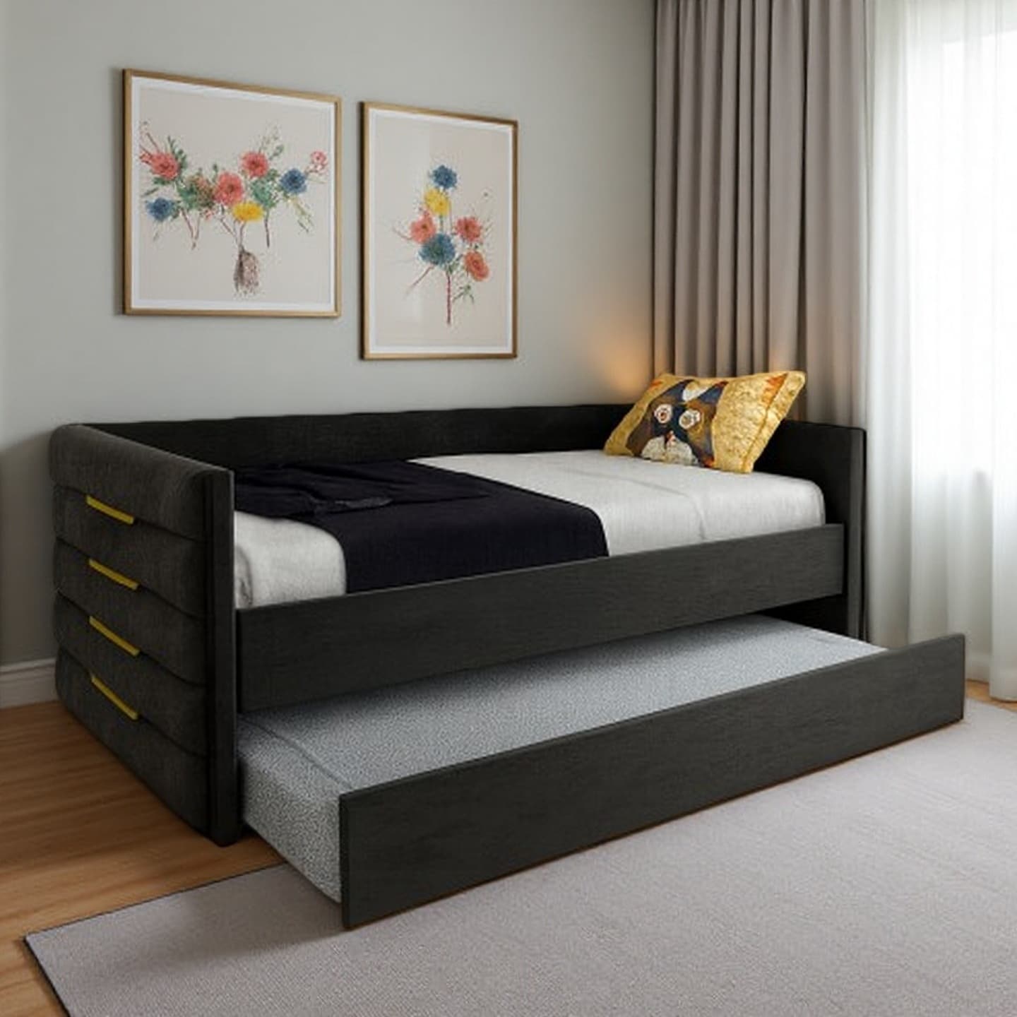 Twin Size Velvet Daybed with Removable Trundle, Black Upholstered Sofa Bed with Gold Accents, Solid Wood & Metal Frame
