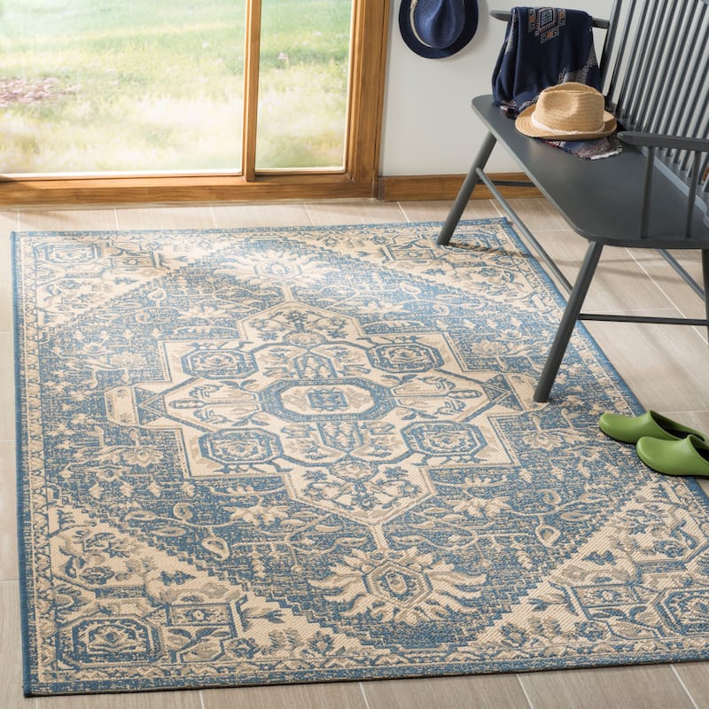 SAFAVIEH Linden Ludmyla Indoor/ Outdoor Waterproof Patio Backyard Rug - 5'3" x 7'6" - Cream/Blue