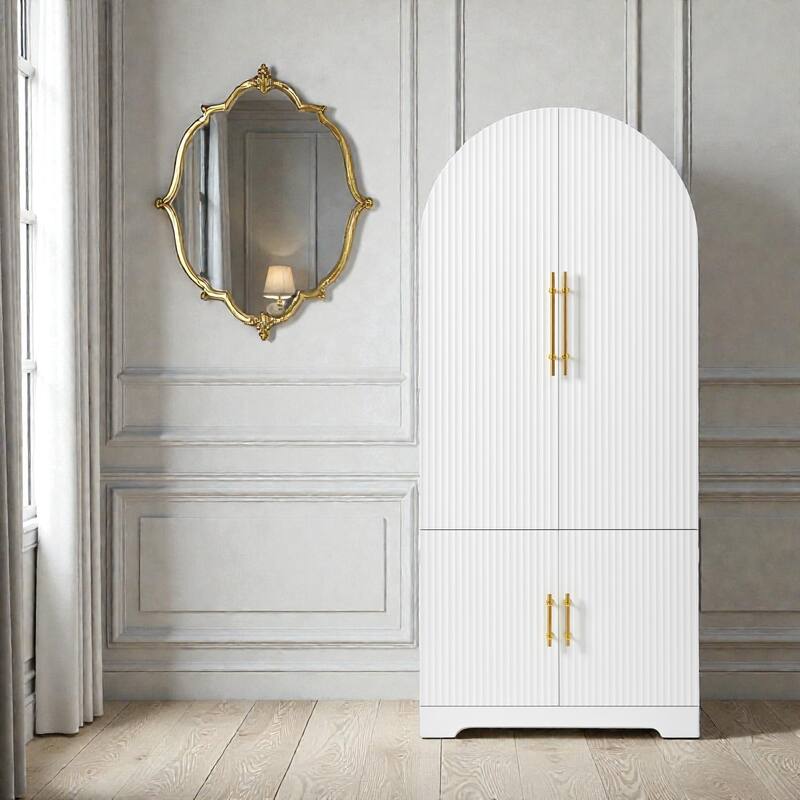 72" Tall Arched Pantry Cabinet with Fluted Doors, 8 Door Shelves, Hidden Drawer and Adjustable Shelves for Kitchen