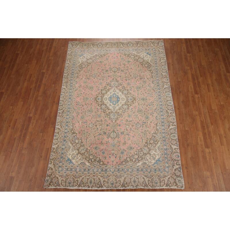Hand Knotted Oriental 100% Wool Carpet Traditional Floral Pink Mashad Area Rug - 9' 8'' X 6' 7''