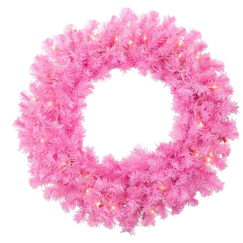 Pre-Lit Artificial Pine Christmas Wreath - 24" - Pink- Clear Lights