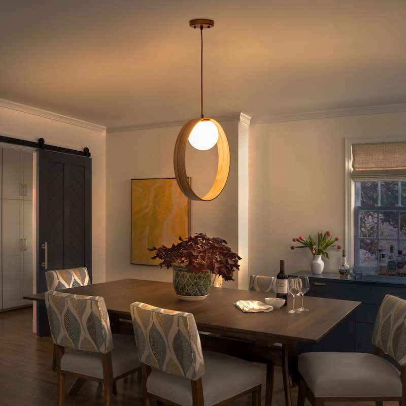 12-in Modern Wood Pendant Light Opal Glass Globe Kitchen Hanging Lamp - Dia.12-in