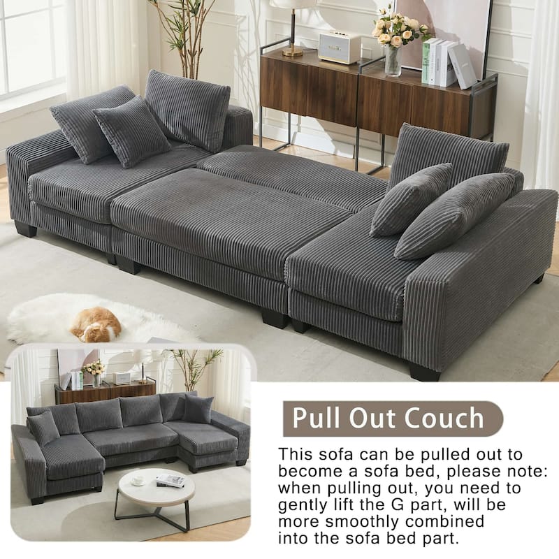 114" U-Shaped Corduroy Pull Out Sleeper Bed Sofa Chaise with Pillows