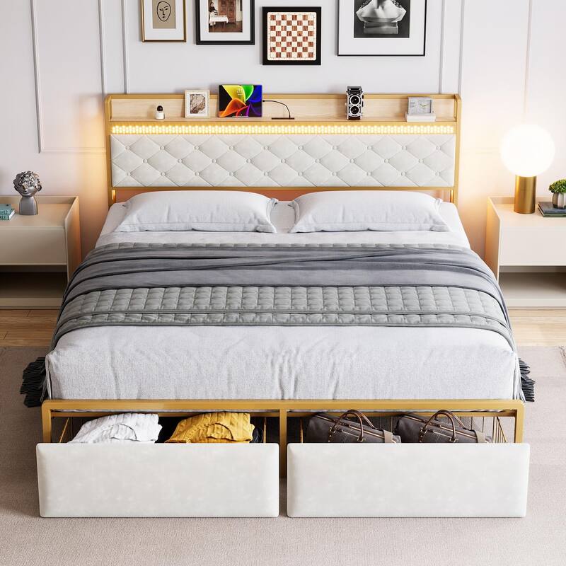 Bed Frame with Storage Headboard and 2 Drawers
