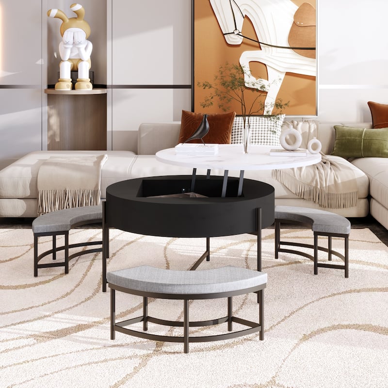 Roomfitters Modern Round Lift-Top Coffee Table with Hidden Storage, 3 Upholstered Ottomans