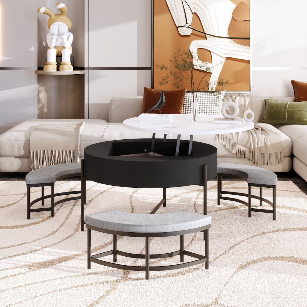 Roomfitters Modern Round Lift-Top Coffee Table with Hidden Storage, 3 Upholstered Ottomans