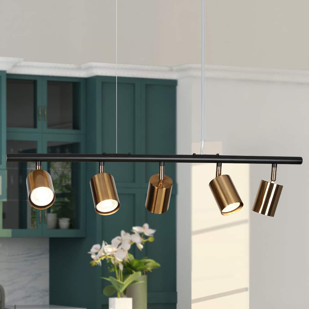 Modern 5-Light Black Gold Chandelier Metal Linear Island Lights for Dining Room