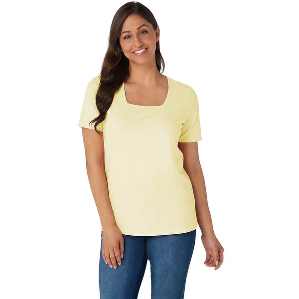 Denim & Co. Womens Plus Jersey Short Sleeve Square Neck Top 1X Yellow A200149. Opens flyout.
