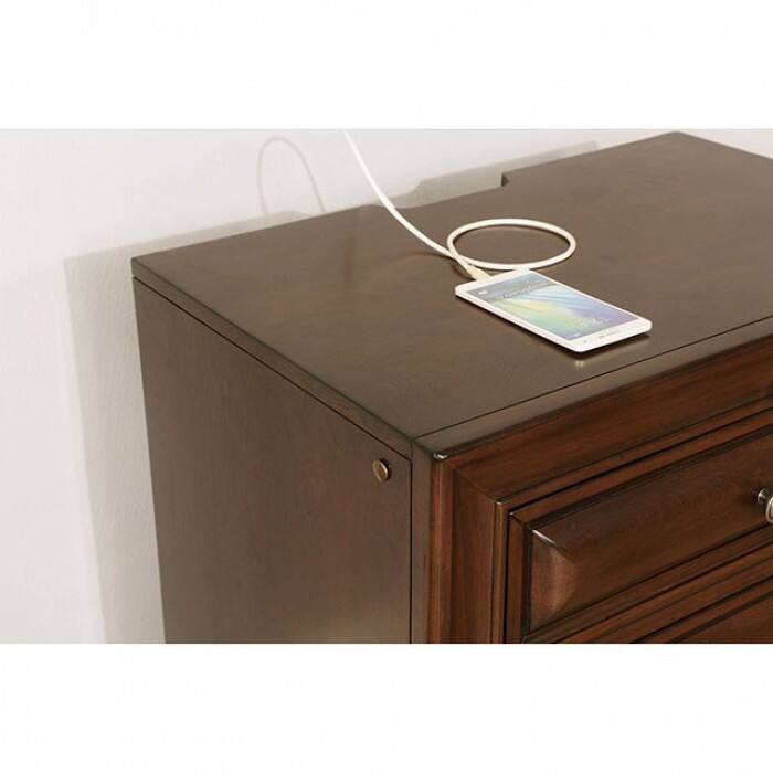 Brown Cherry Solid Wood Nightstand, 3 Drawers, Nickel Knob, Transitional Style w/ Nightlight