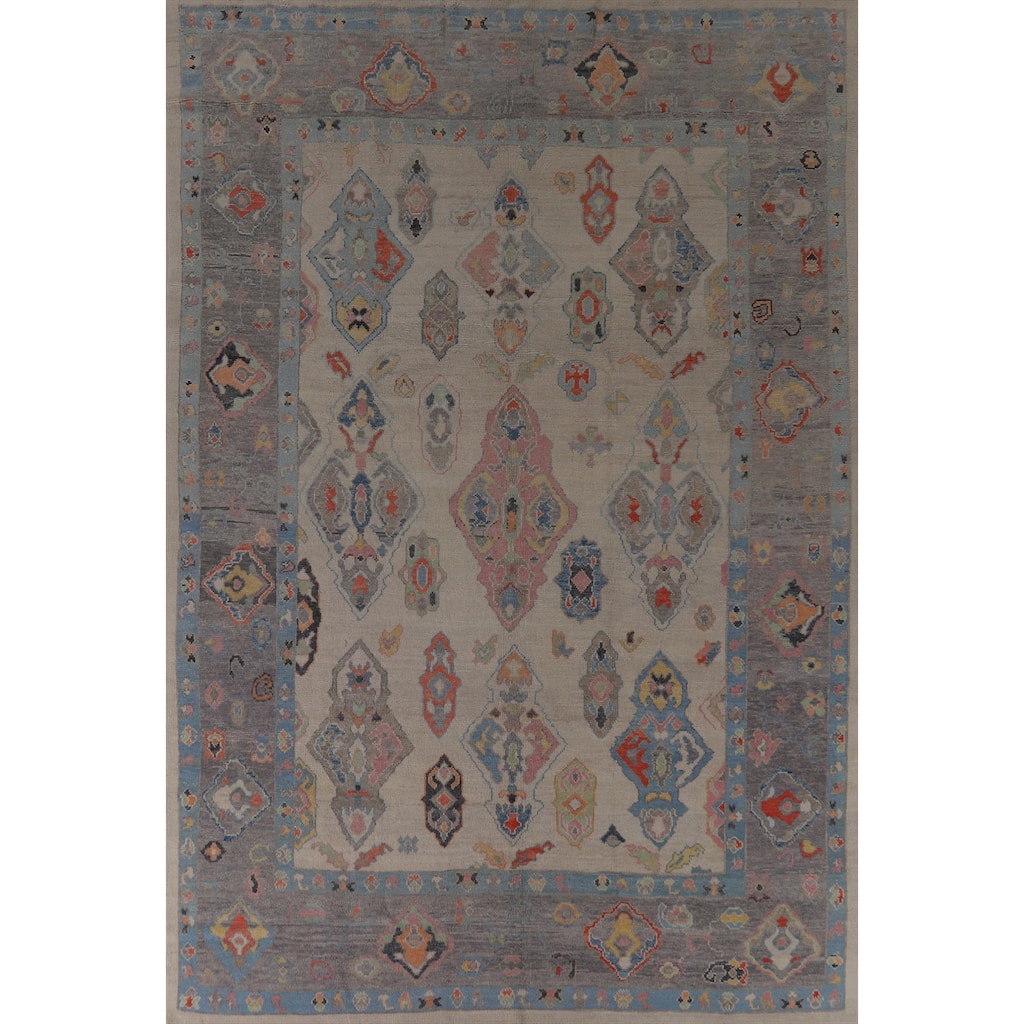 Hand Knotted Oriental 100% Wool Carpet Transitional Geometric Beige & Ivories Oushak Area Rug - 12' 4'' X 8' 11''