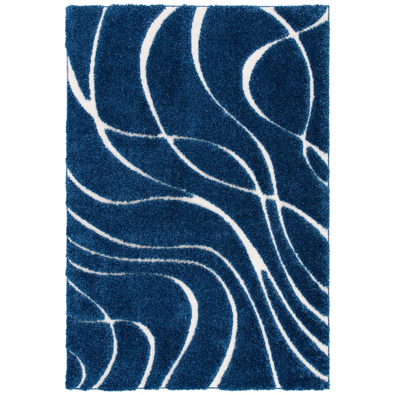 SAFAVIEH Florida Shag Sigtraud Abstract Waves 1.2-inch Area Rug - 2'3" x 5' - Navy/Ivory