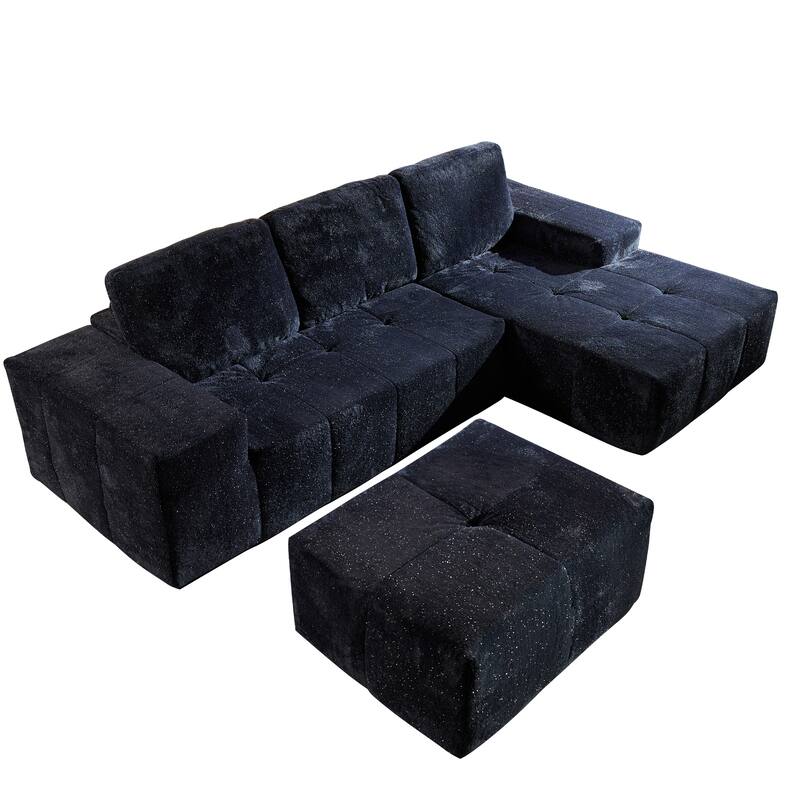 HOOOWOOO Modern Sparkly Velvet Fabric Chaise Sofa Couch with Ottoman