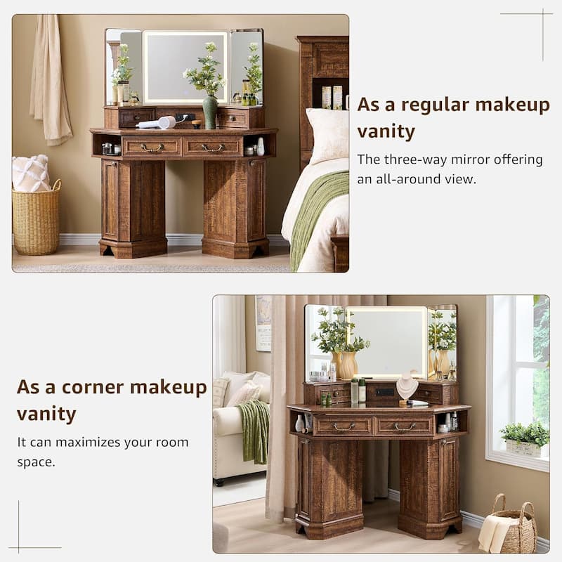 Makeup Vanity Desk with 3 Way Mirror, Glass Top & Charging Station