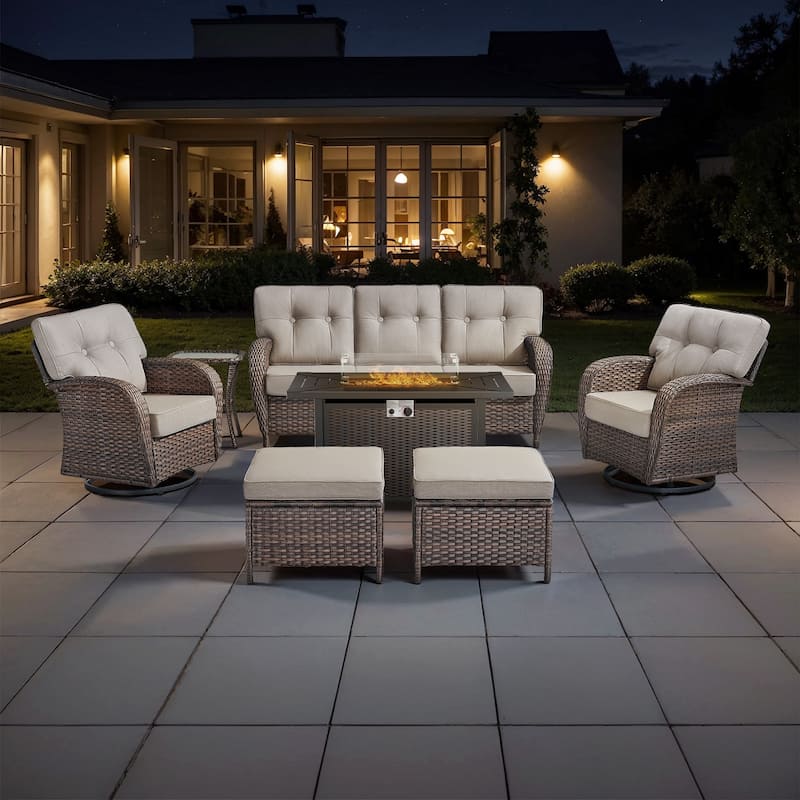 TWrap Wicker Patio Iron Fire Pit Conversation Set with 3-Seat Sofa & Swivel Gliders - Brown/Beige - With 2 Ottomans