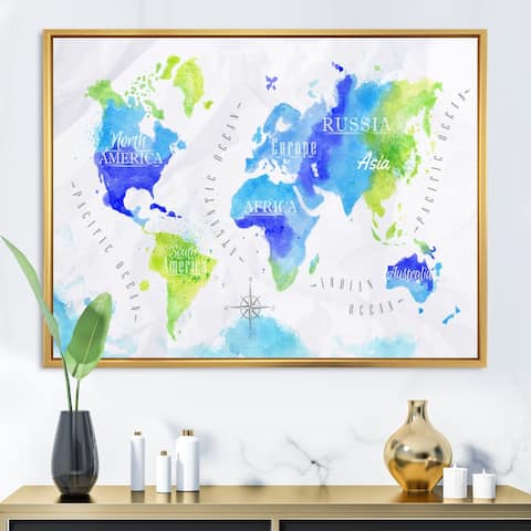 Designart "World Map In Green and Blue" Modern Framed Canvas Wall Art Print