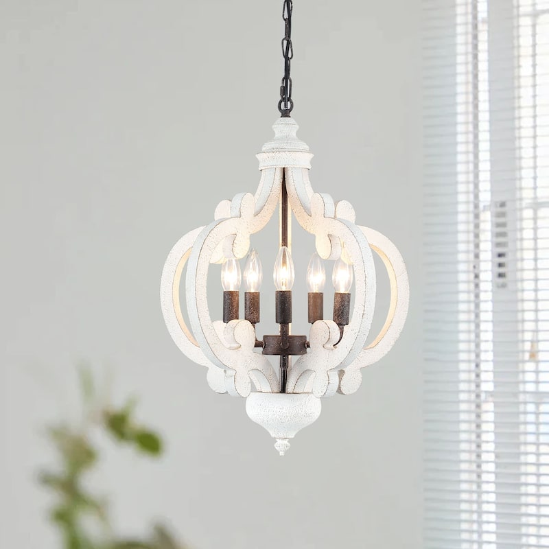 5-Light Country Wood Chandelier Light Fixture for Kitchen Island Dining Room - Antique Black+Retro White