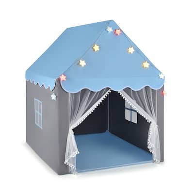 Blue Kids Playhouse Tent with Mesh Windows and Star String Lights Soft Mat for Boys or Girls - 41.5" x 48" x 53.5" (L x W x H)