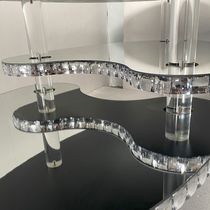 Silver Mirrored Glass Crystal Decor Coffee Table, Oval Double-Layer With Acylic Legs, Modern Home Furnishing