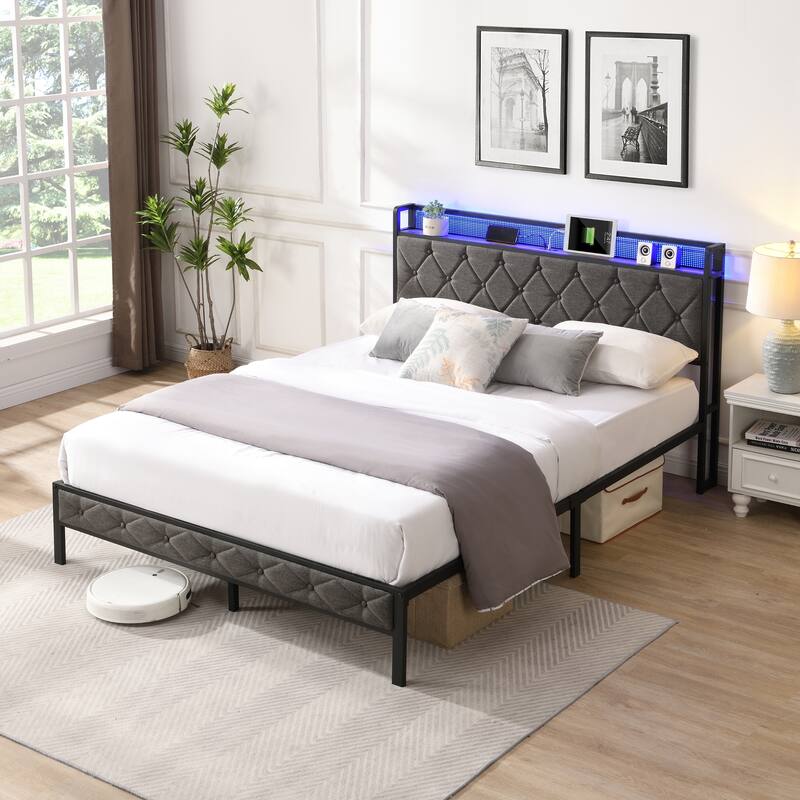 Full Upholstered Platform Bed with LED Headboard, USB Charging Station, Storage Shelf and Noise-Free Metal Slats
