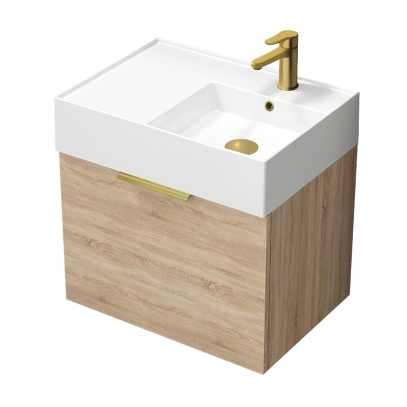 Nameeks Derin-2417-W-S-R Derin 24" Wall Mounted Single Basin Vanity - Brown Oak / Matte Gold - Oak Finish