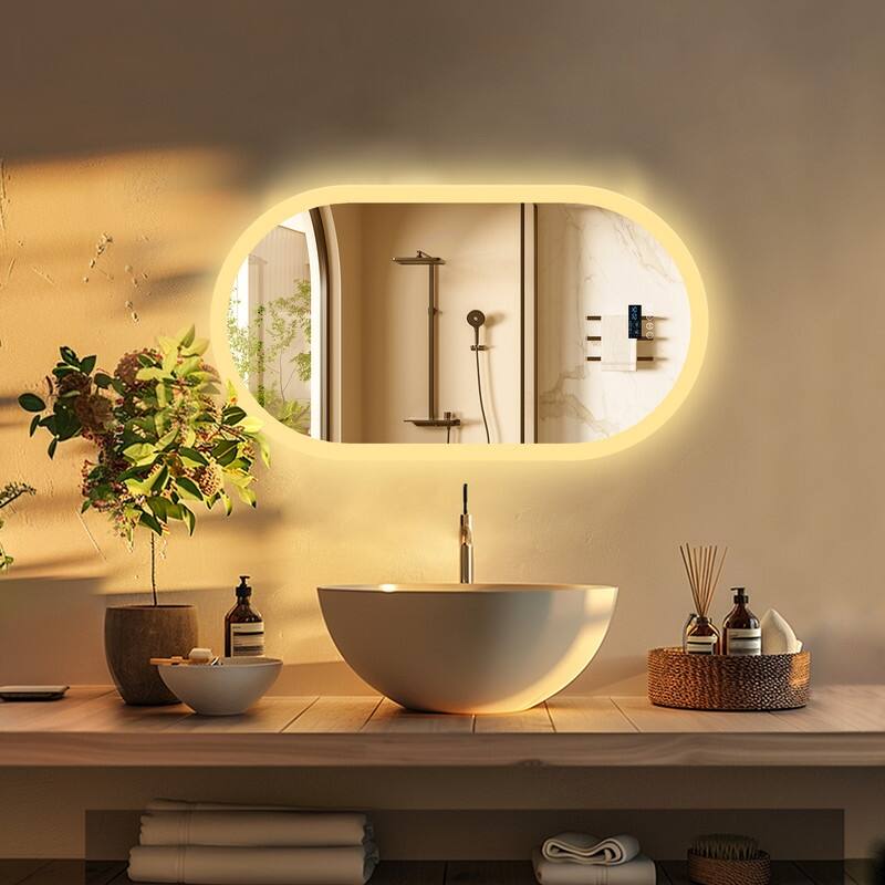 Oval LED Bathroom Mirror with Lights, Anti-Fog, Bluetooth Speaker, 3 Colors, Dimmable, Memory