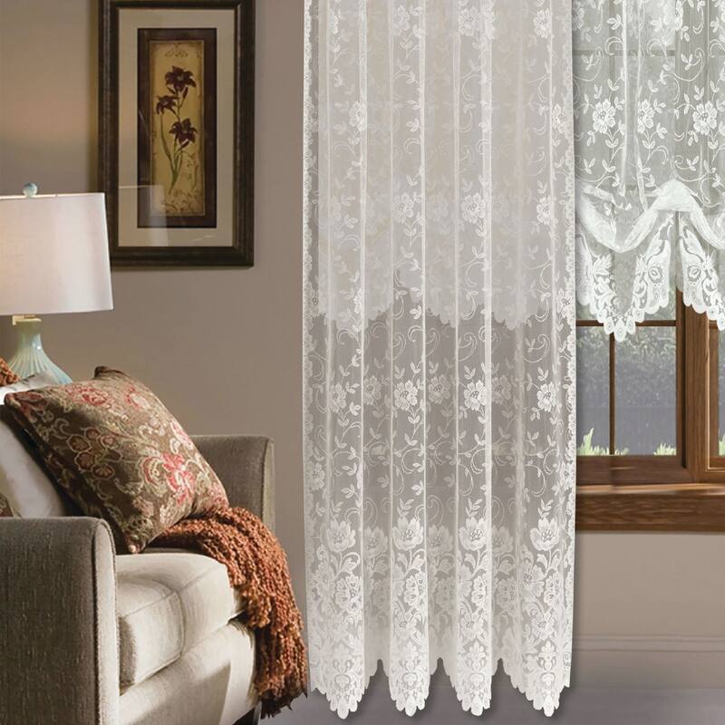 Grace Floral Lace Window Curtain Panels Or Valance - 72 Inches - Cream