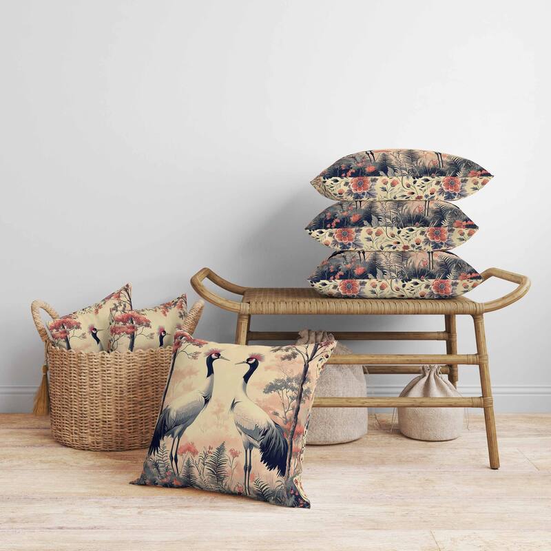 Autumnal Cranes Faux Suede Reversible Throw Pillow Gray and Red
