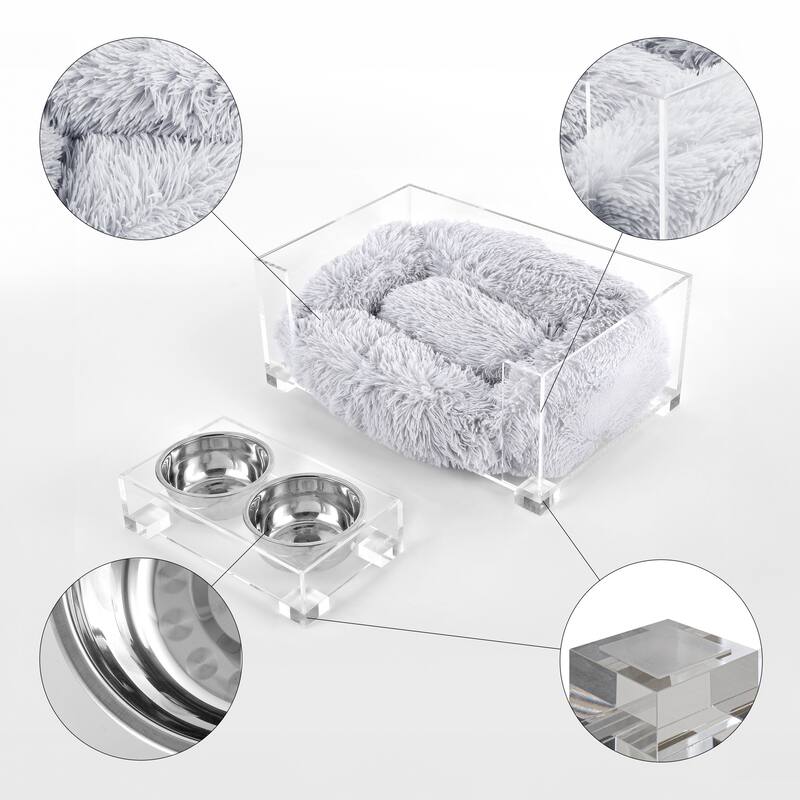 Billie 24"x15.75" Fluffy Pet Bed with Washable Cushion and 4" Elevated Pet Feeder with 27 oz 2-Stainless Steel Bowls, Set of 2