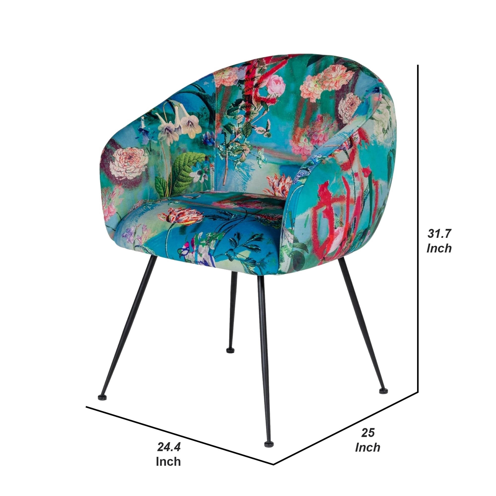 Curved Floral Pattern Fabric Dining Chair with Metal Legs Blue
