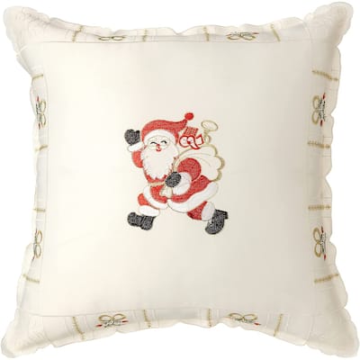 Violet Linen Holiday Christmas Santa Claus Holly Bows Embroidery Pattern Decorative Throw Pillow