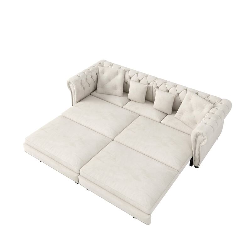 89" Chesterfield Pull Out Sofa Bed - Velvet 3-in-1 Convertible Sleeper with Chaise & Ottoman, King Size Sleeper Sofa