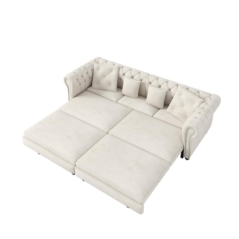 Oversized Chesterfield Loveseat Sofa, Convertible Pull Out Sleeper Sofabed Velvet Couch Bed w/Movable Ottoman and Nailhead Trim