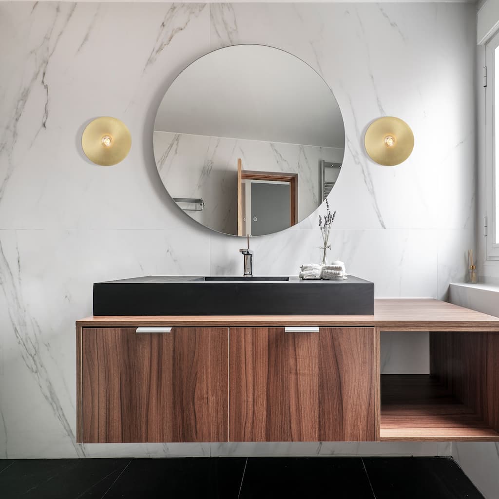 Harmoni 9 in. 1-Light Matte Black Wall Sconce Light with Brushed Gold Disk Accent for Bathrooms