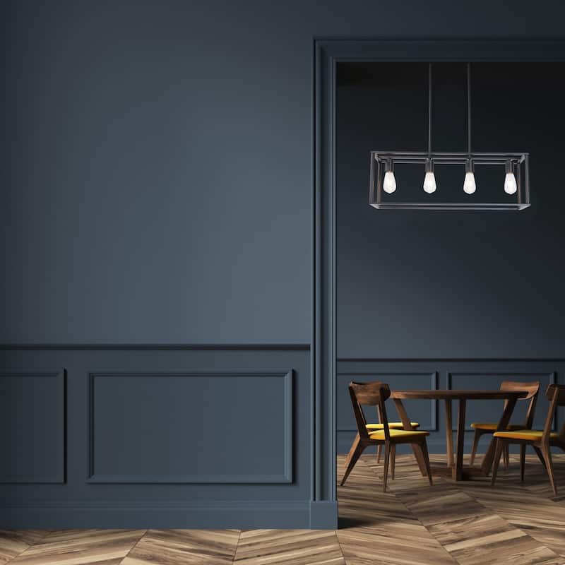 Pendant Lighting 4 Light Industrial Vintage Open Frame Rectangle Chandeliers Modern Black Linear Cage Ceiling Light Fixture
