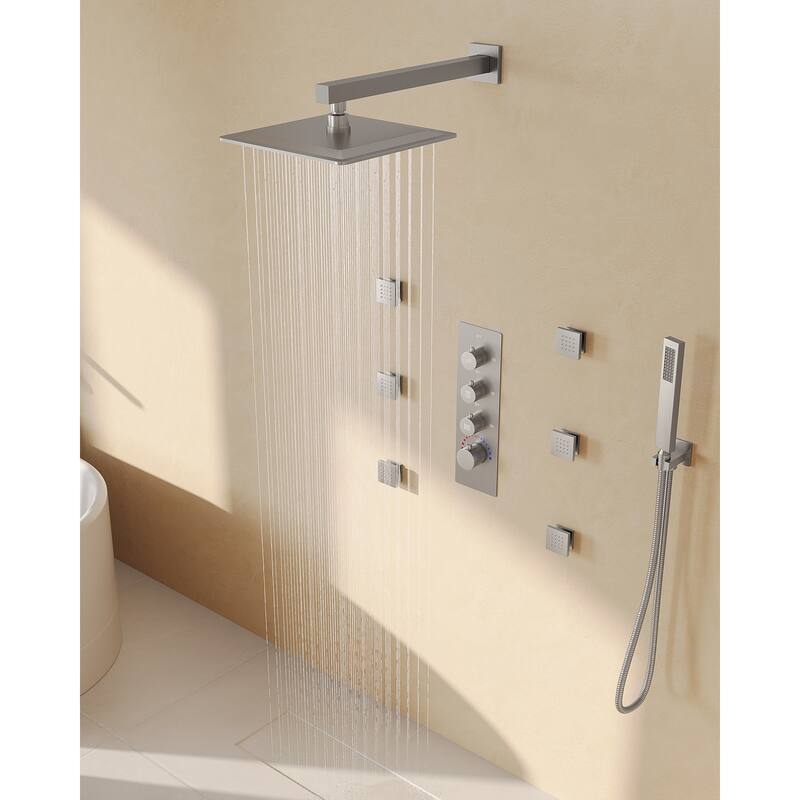 GRANDJOY Thermostatic Shower Faucet Set 12 inch Wall Mount Rainfall Shower Head with 6 Body Jets and Handheld Spray Combo