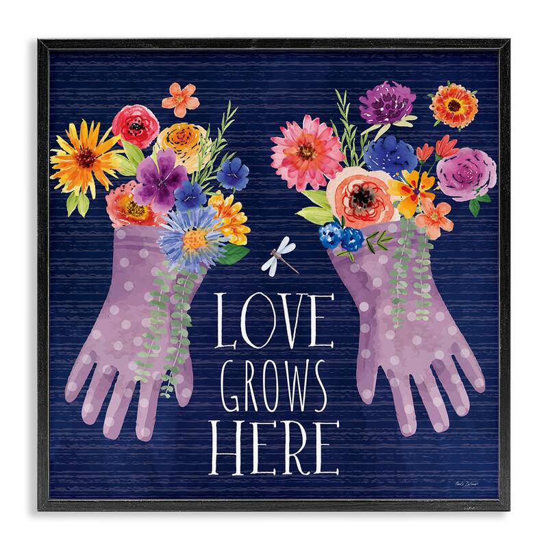 Stupell Love Grows Here Gardening Gloves Framed Giclee Art Design By Nicole DeCamp - 17 x 17 - Black