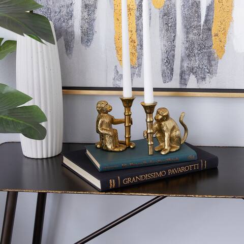 Gold Aluminum Monkey Candlestick Holder (Set of 2) - S/2 3"W, 5"H