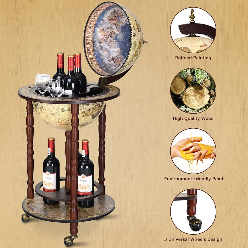 Elegant Italian Wood Globe Wine Bar Stand Liquor Wine Bottle Shelf