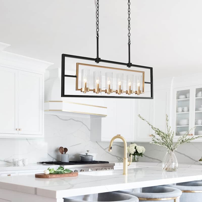 Marsie 37.5 inches Mid-Century Modern Large Linear Chandeliers 6-light Glass Shade Kitchen Islands Lights