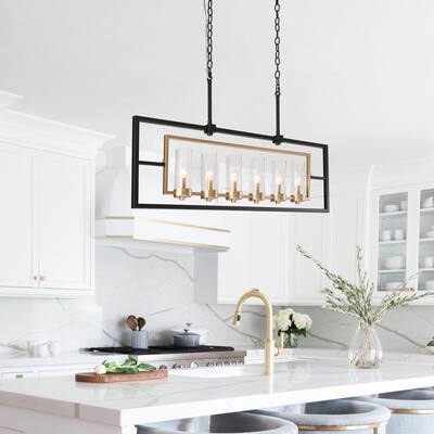 Zeci 37.5" Modern Large Chandelier Black Gold Linear 6-light Rectangle Glass Island Lights for Dining Room