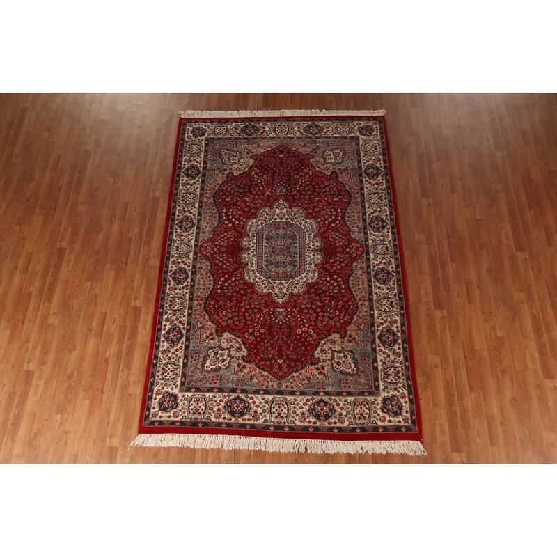 Floral Red Kashan Indian Area Rug Handmade Wool Carpet - 6'1"x 9'4"