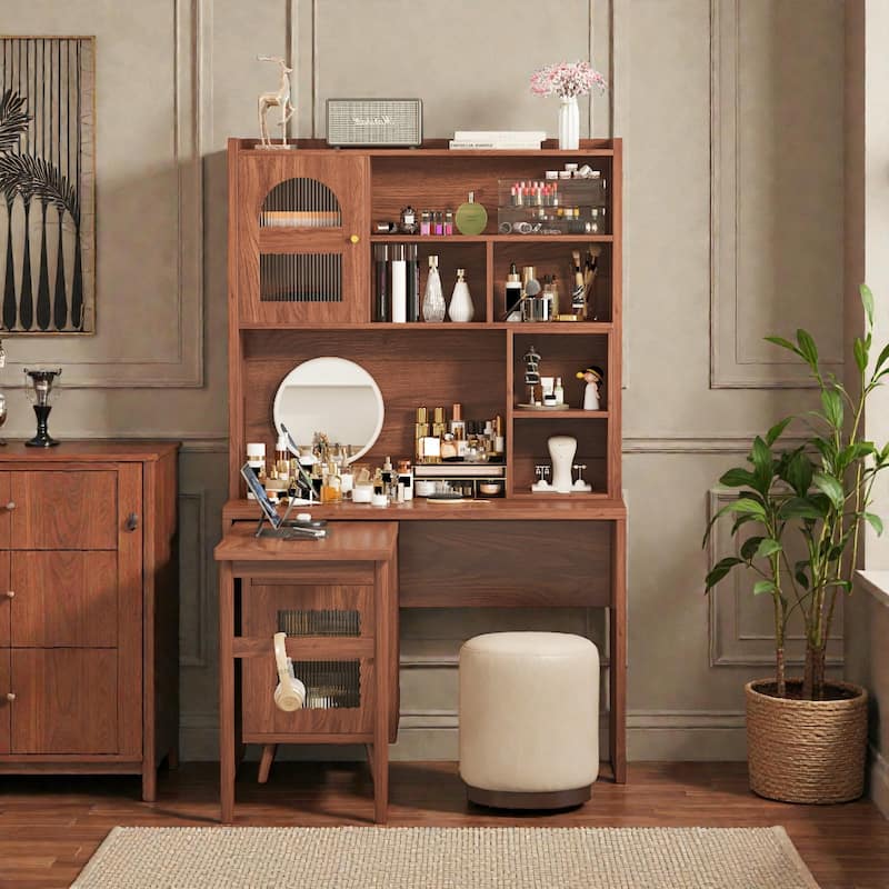 43 Inch Computer Desk with 90 Degree Rotating Desktop, Office Desk with Drawer Cabinets and Shelves for Home Office