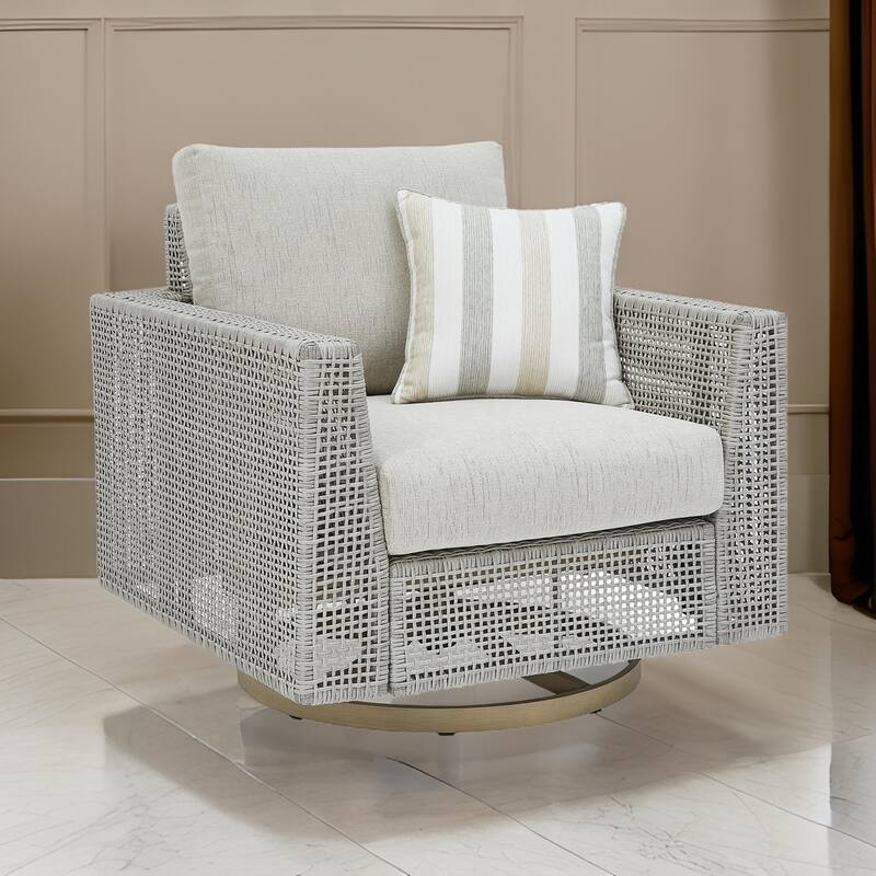 Yami 36 Inch Outdoor Swivel Lounge Chair, 1 Throw Pillow, Gray Wicker