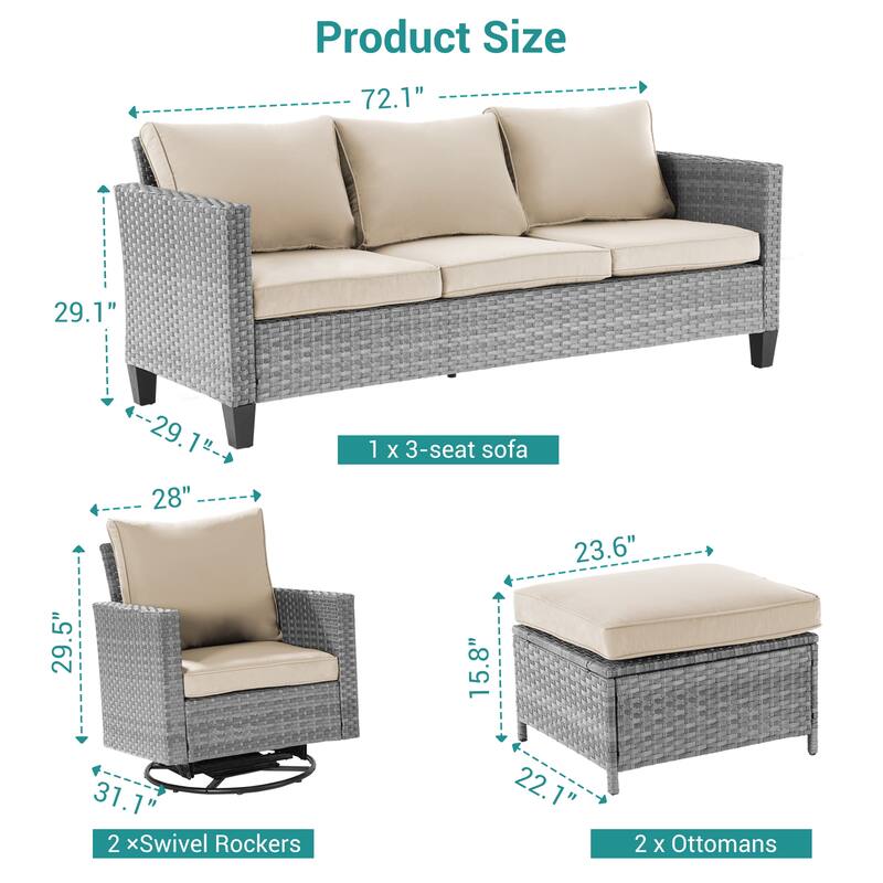 BONOSUKI 5-Piece Outdoor Brown/Gray PE Wicker Patio Conversation Sets, Swivel Rocking Sofa Set with Cushions and Ottomans