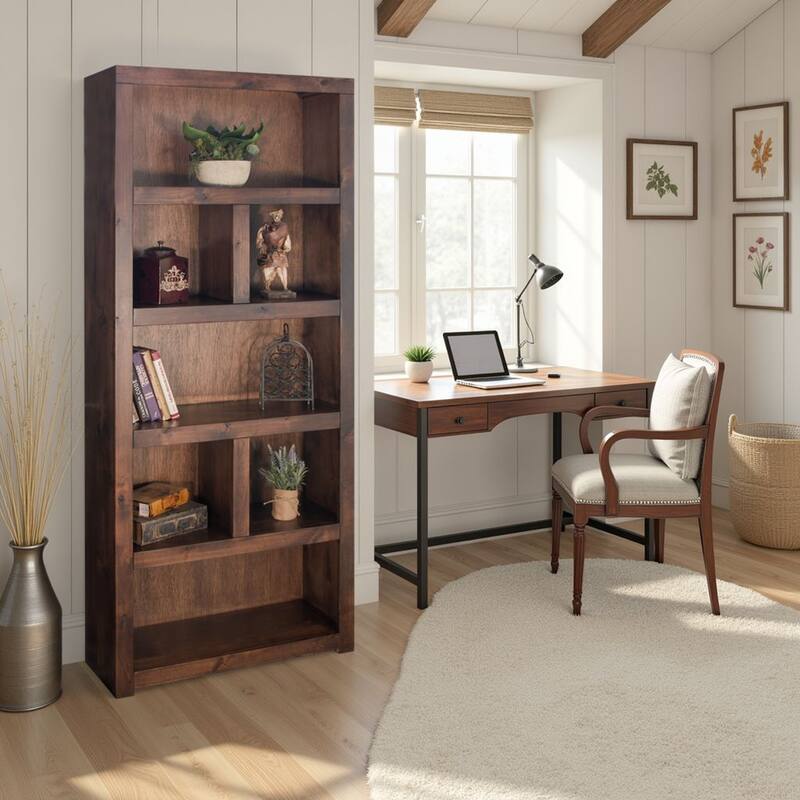 Bridgevine Home Sausalito 79 inch high Bookcase, No Assembly Required, Whiskey Finish - Whiskey