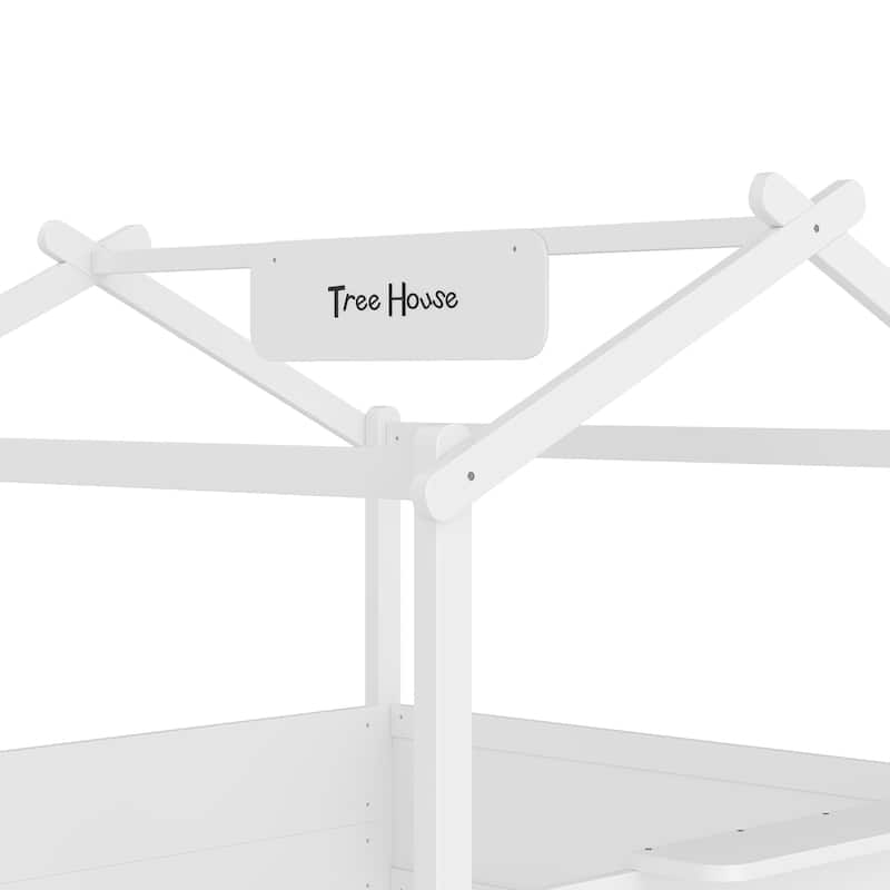 Kids House Floor Bed with Guardrails, Roof & Built-in Tray - Queen/Full/Twin Size, Childlike Design