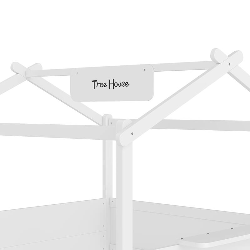 Queen Size Floor Bed with Guardrails and Roof, Kids House Floor Bed with a Small Built-in Tray and Free-installed Signboard